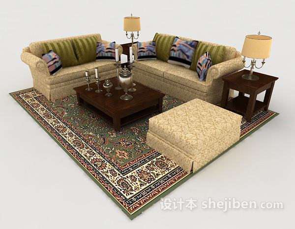 家居花纹黄棕色组合沙发3d模型下载