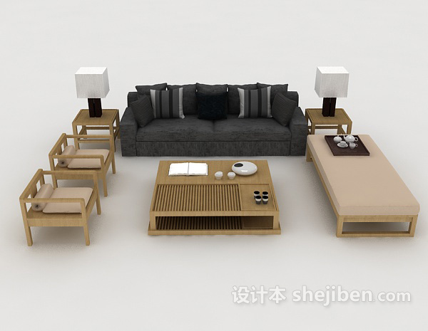 现代风格木质休闲家居组合沙发3d模型下载