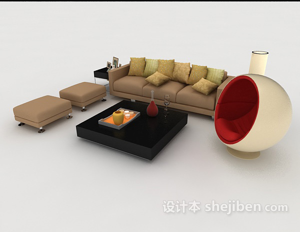 免费简约家居浅棕色组合沙发3d模型下载