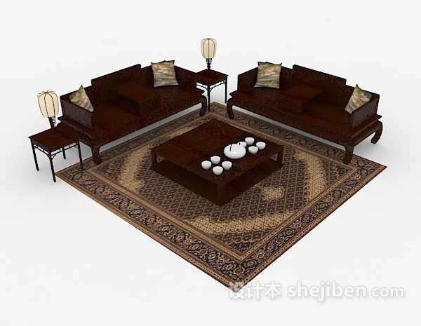 中式复古木质组合沙发3d模型下载