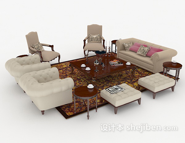 浅棕色家居木质组合沙发3d模型下载