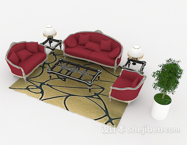 免费大红色欧式组合沙发3d模型下载
