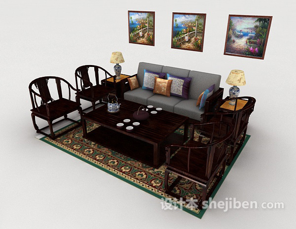 新中式简单家居组合沙发3d模型下载