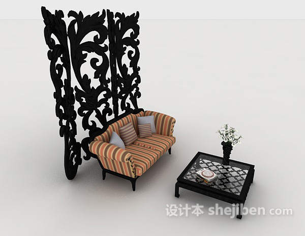 新中式条纹双人沙发3d模型下载