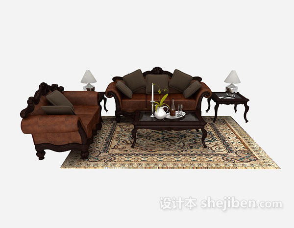 中式风格中式复古木质棕色组合沙发3d模型下载