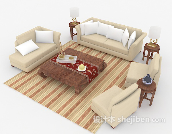 免费木质浅棕色组合沙发3d模型下载