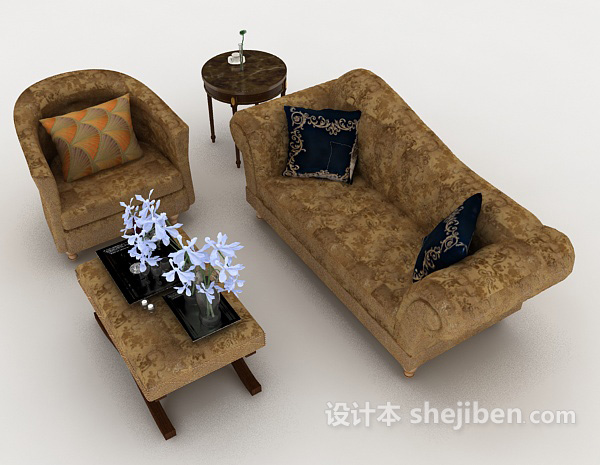 设计本欧式花纹棕色组合沙发3d模型下载