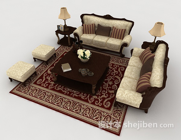设计本欧式复古家居棕色组合沙发3d模型下载