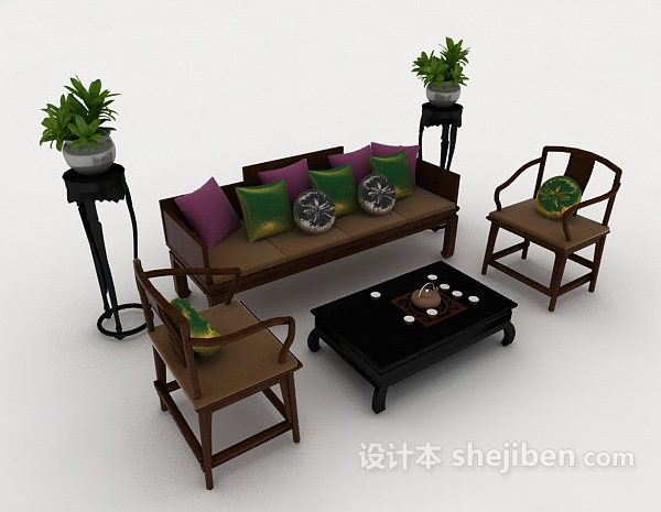 免费中式木质沙发组合3d模型下载