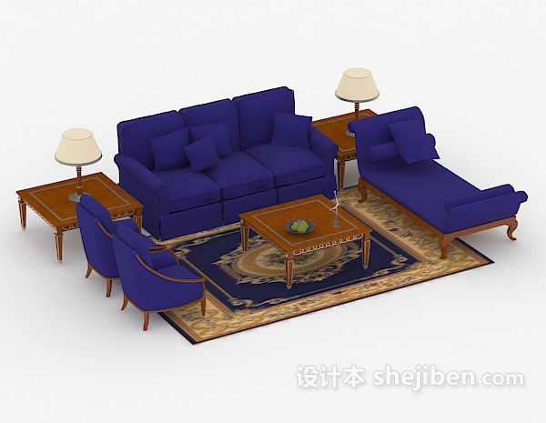 免费简约蓝色组合沙发3d模型下载