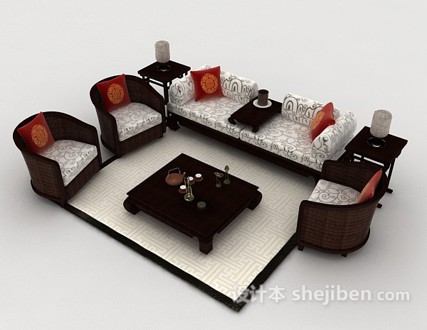 免费新中式木质组合沙发3d模型下载