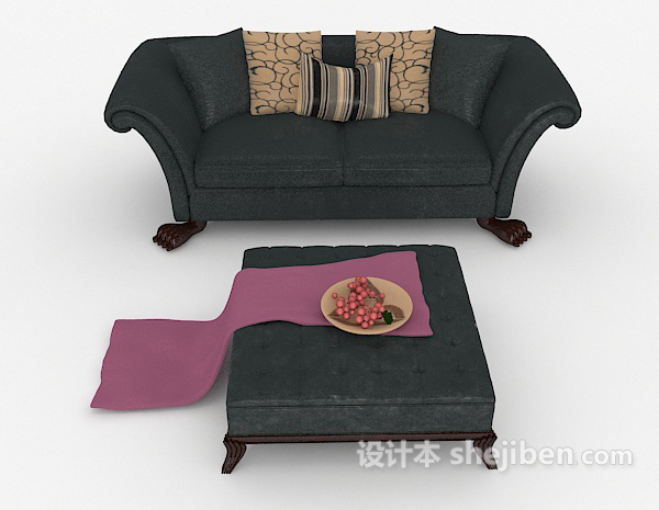 中式风格新中式深蓝双人沙发3d模型下载