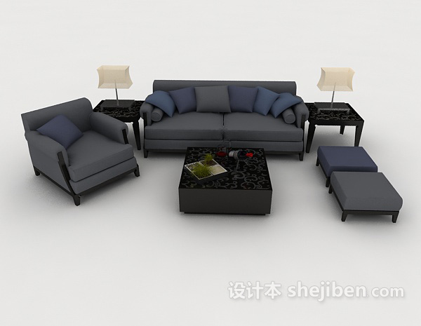 现代风格现代简约灰蓝色组合沙发3d模型下载