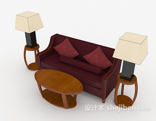 免费新中式复古红色双人沙发3d模型下载