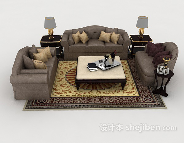 欧式风格欧式灰色家居木质组合沙发3d模型下载