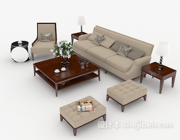 免费木质棕色家居组合沙发3d模型下载