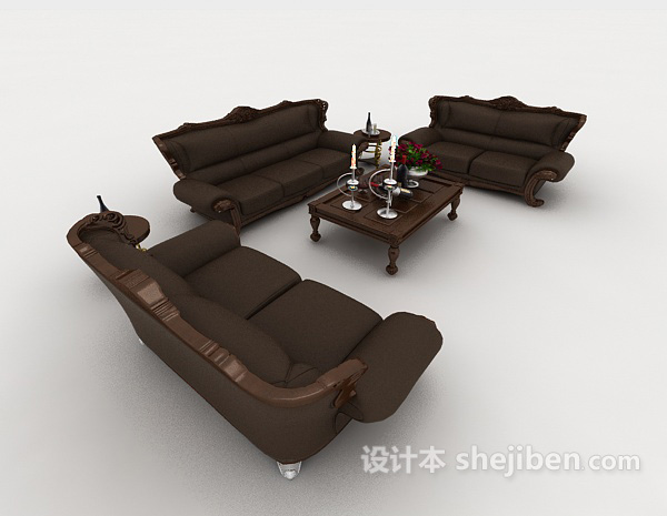 设计本中式深棕色组合沙发3d模型下载