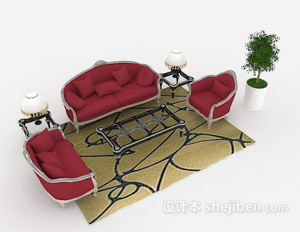 大红色欧式组合沙发3d模型下载