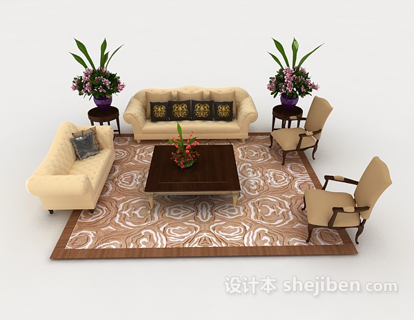 欧式风格欧式家居黄色木质组合沙发3d模型下载
