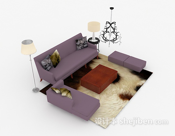 简约家居紫色组合沙发3d模型下载