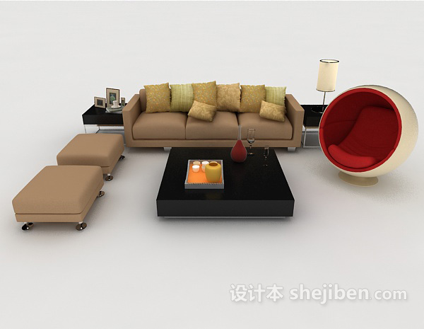 现代风格简约家居浅棕色组合沙发3d模型下载