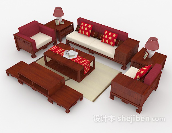 免费新中式木质棕色组合沙发3d模型下载