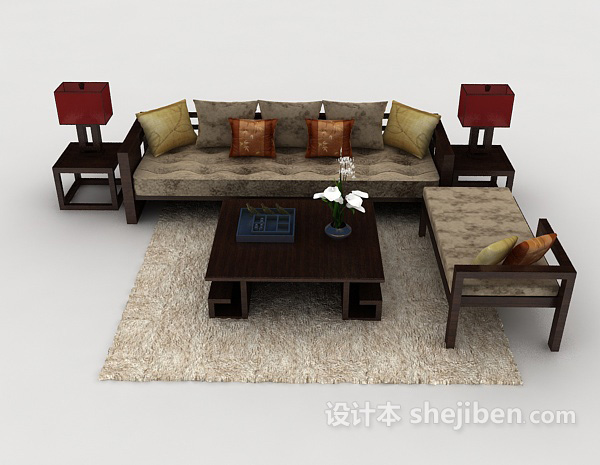 现代风格家居木质棕色花纹组合沙发3d模型下载