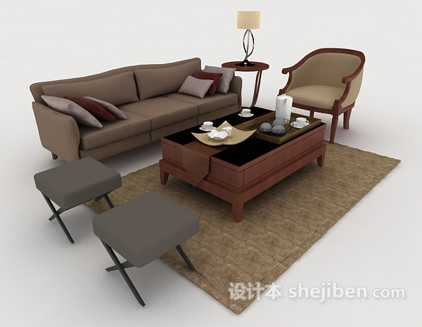 家居木质休闲棕色组合沙发3d模型下载