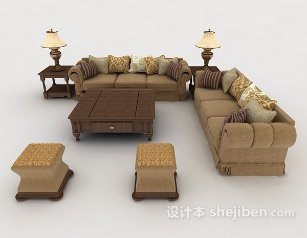 设计本中式家居棕色组合沙发3d模型下载