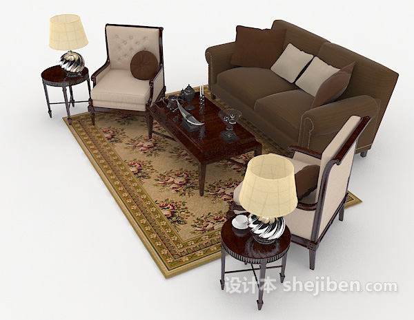 设计本家居木质棕色组合沙发3d模型下载