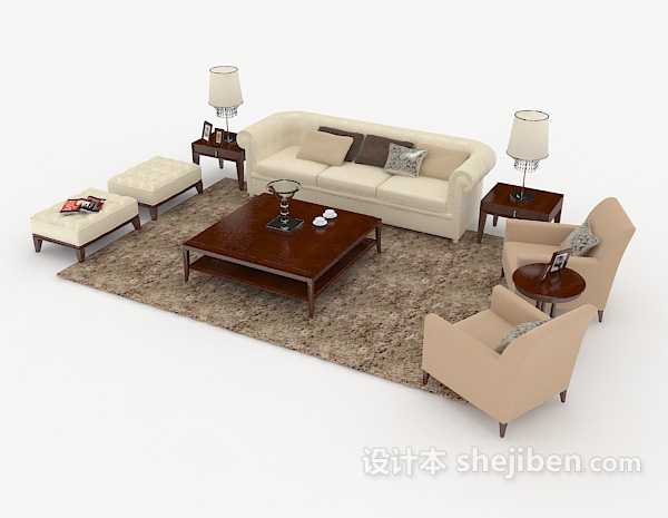 免费棕色木质家居组合沙发3d模型下载