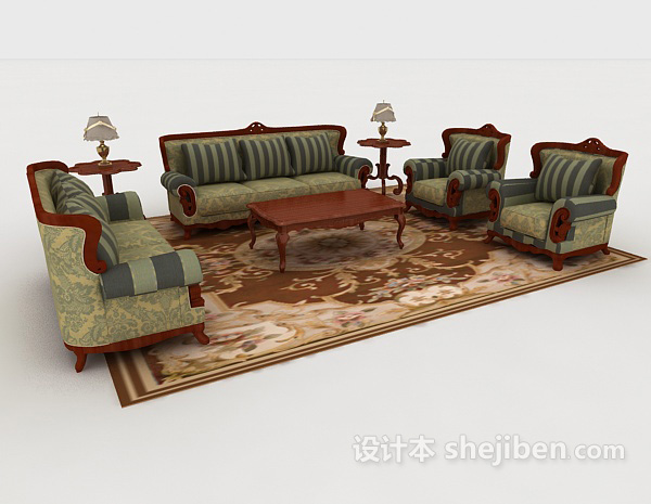 免费中式复古绿色组合沙发3d模型下载