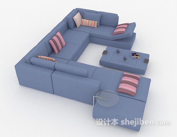 设计本现代简约蓝色多人沙发3d模型下载