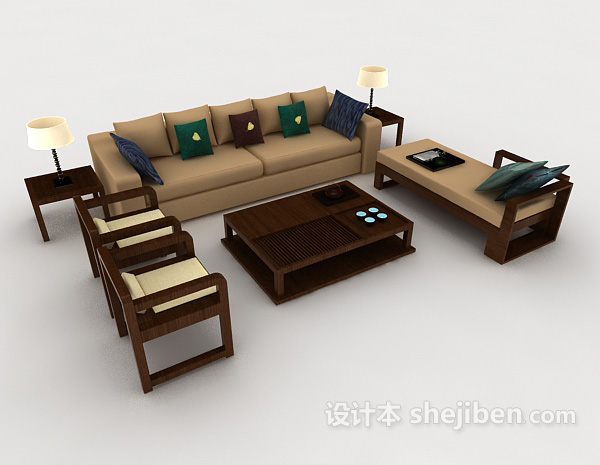 中式风格新中式简约棕色组合沙发3d模型下载