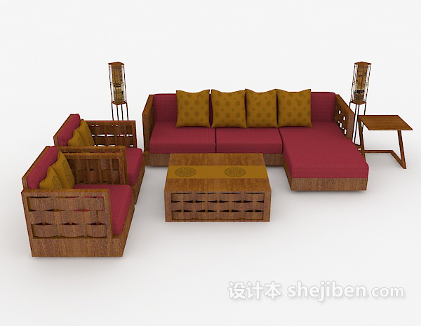 免费家居木质休闲枚红色组合沙发3d模型下载