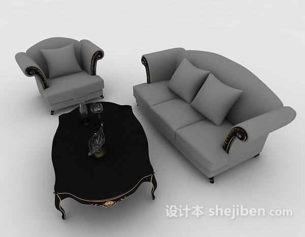 免费欧式简约灰色家居组合沙发3d模型下载