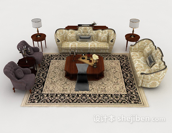 欧式风格欧式家居黄色组合沙发3d模型下载