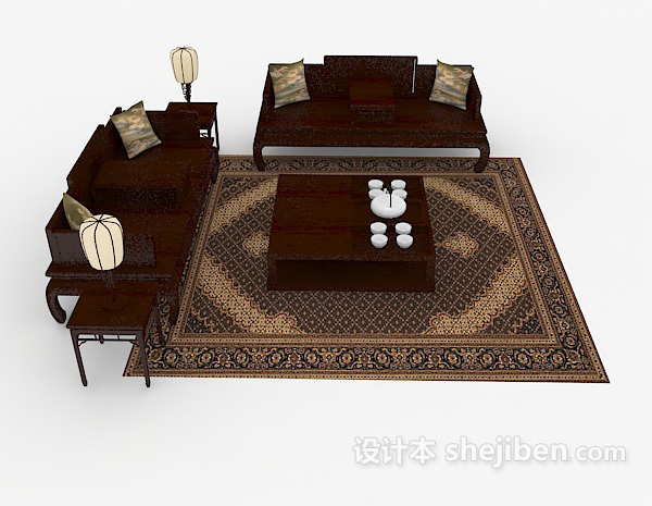 中式风格中式复古木质组合沙发3d模型下载