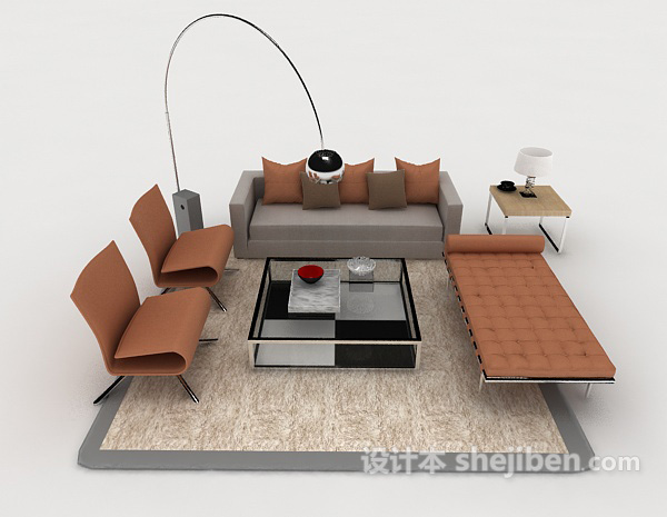 现代风格休闲简约家居棕色组合沙发3d模型下载