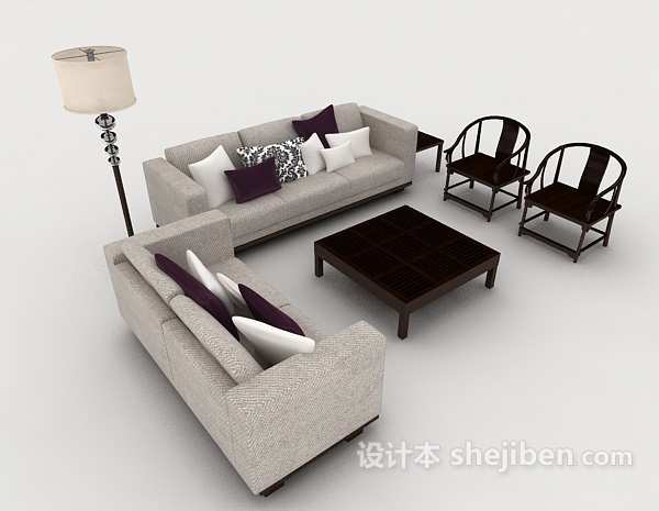 免费新中式家居简约灰色组合沙发3d模型下载