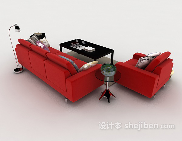 设计本大红色现代组合沙发3d模型下载