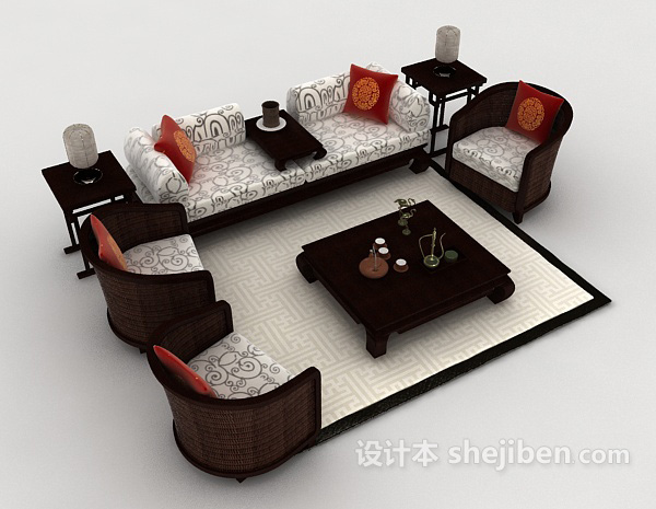 新中式木质组合沙发3d模型下载