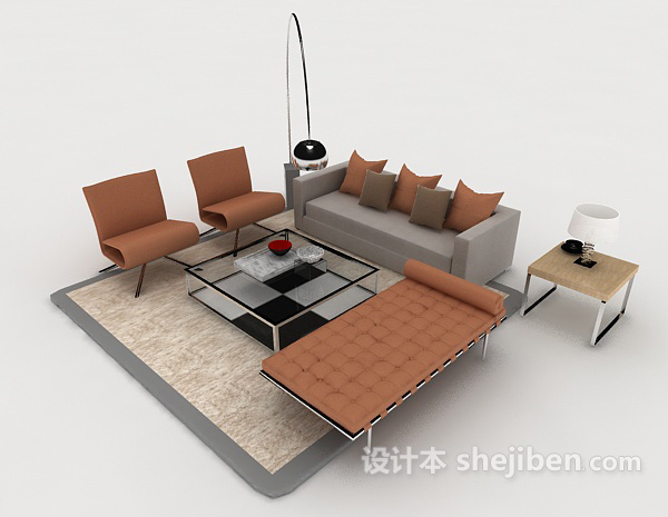 休闲简约家居棕色组合沙发3d模型下载