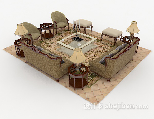 设计本中式木质复古棕色组合沙发3d模型下载