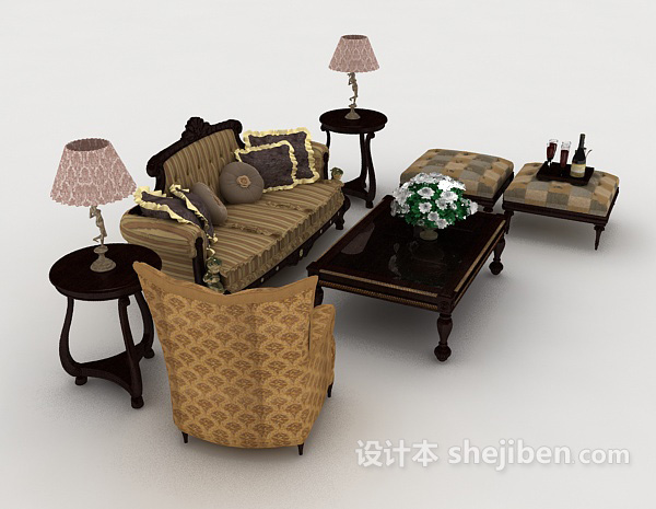 设计本欧式木质复古组合沙发3d模型下载