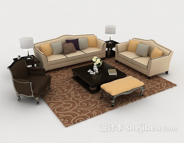 欧式家居木质组合沙发3d模型下载
