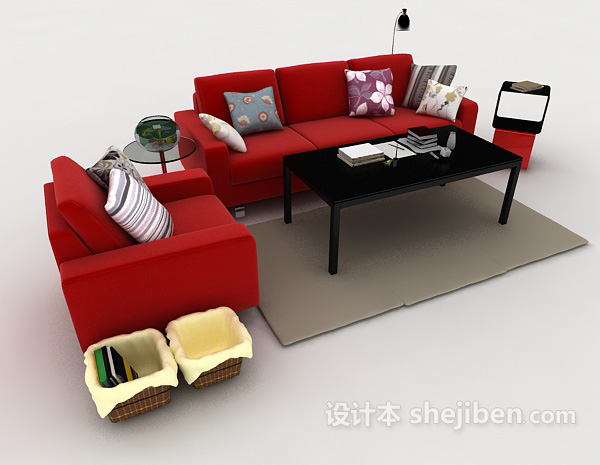 免费大红色现代组合沙发3d模型下载