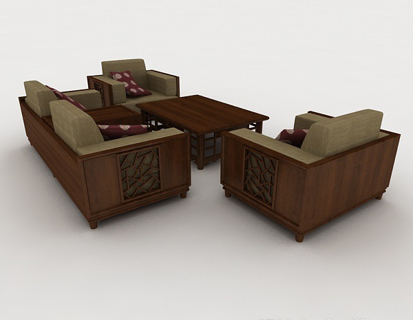 设计本东南亚木质组合沙发3d模型下载