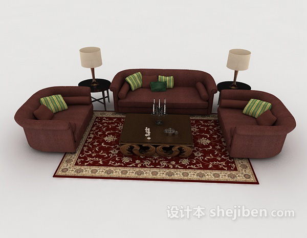 中式风格新中式暗红色组合沙发3d模型下载