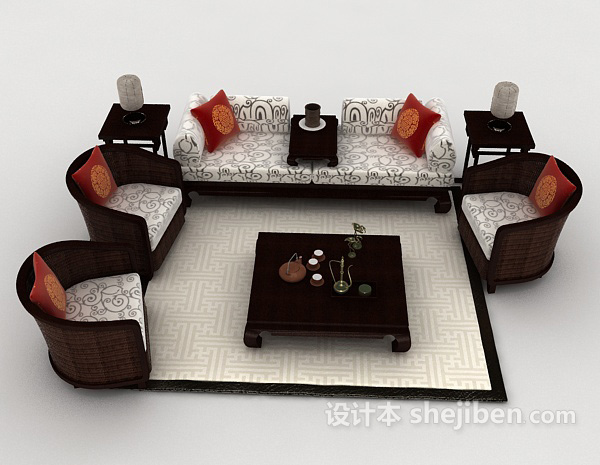 中式风格新中式木质组合沙发3d模型下载